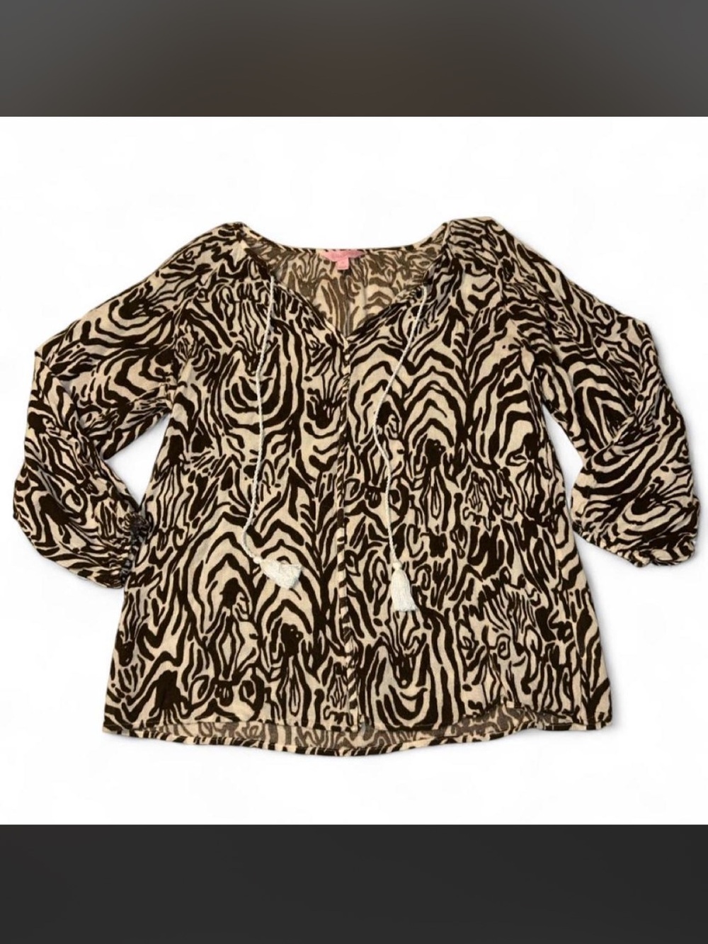 ✨ LILLY PULITZER ZEBRA PRINT TASSEL PEASANT SLEEVE BLOUSE ✨